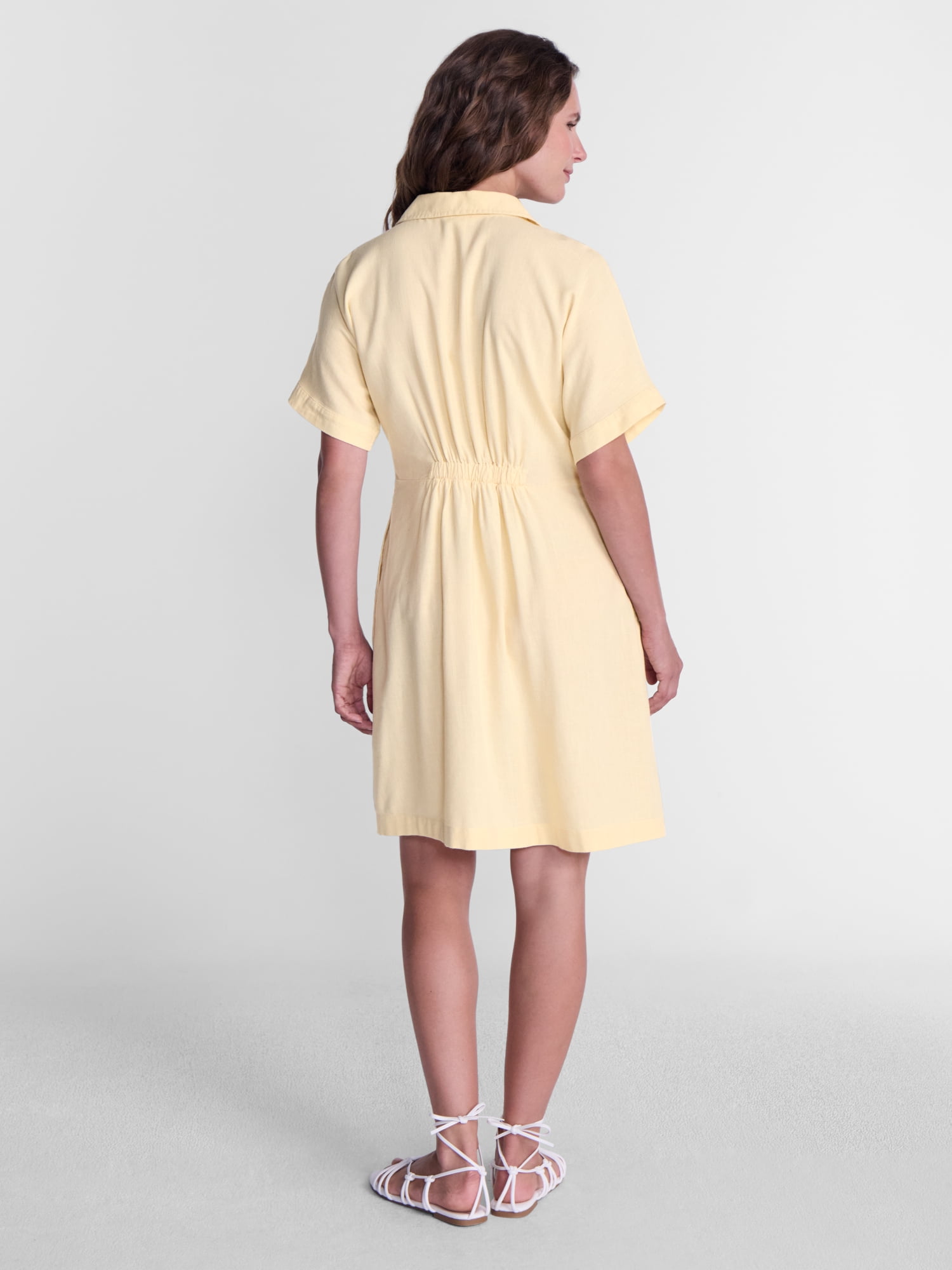 Time and Tru Women's Linen Blend Pleated Mini Shirtdress with Short Sleeves, Sizes XS-XXXL