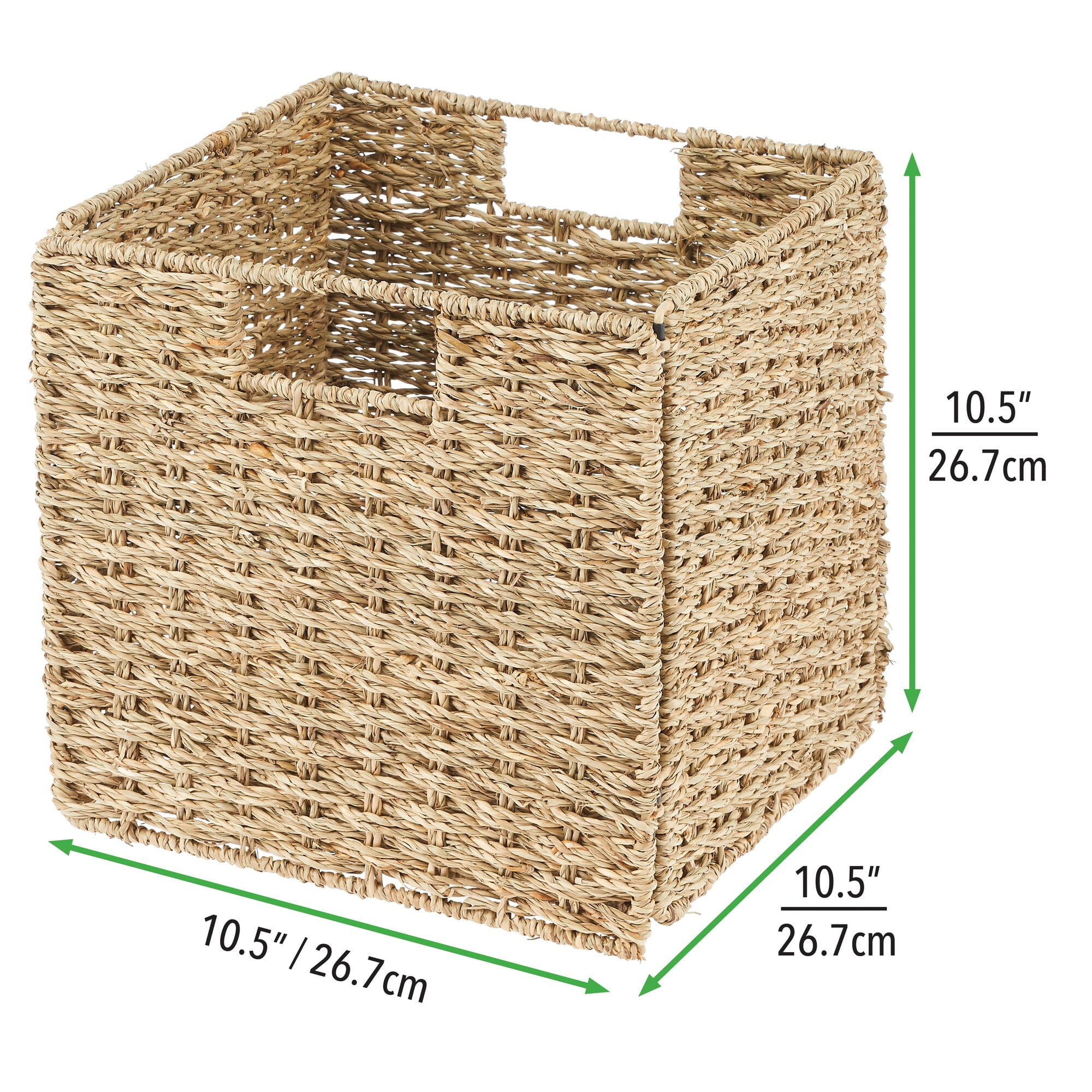 mDesign Seagrass Woven Cube Bin Basket Organizer, Handles, 6 Pack - Natural/Tan
