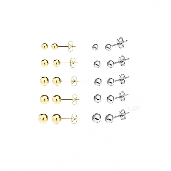 10 Pairs Sterling Silver & Gold Ball Stud Earrings Set for Women, Hypoallergenic Multiple Piercing Earrings, Small Round Studs 3–7mm Jewelry Gift