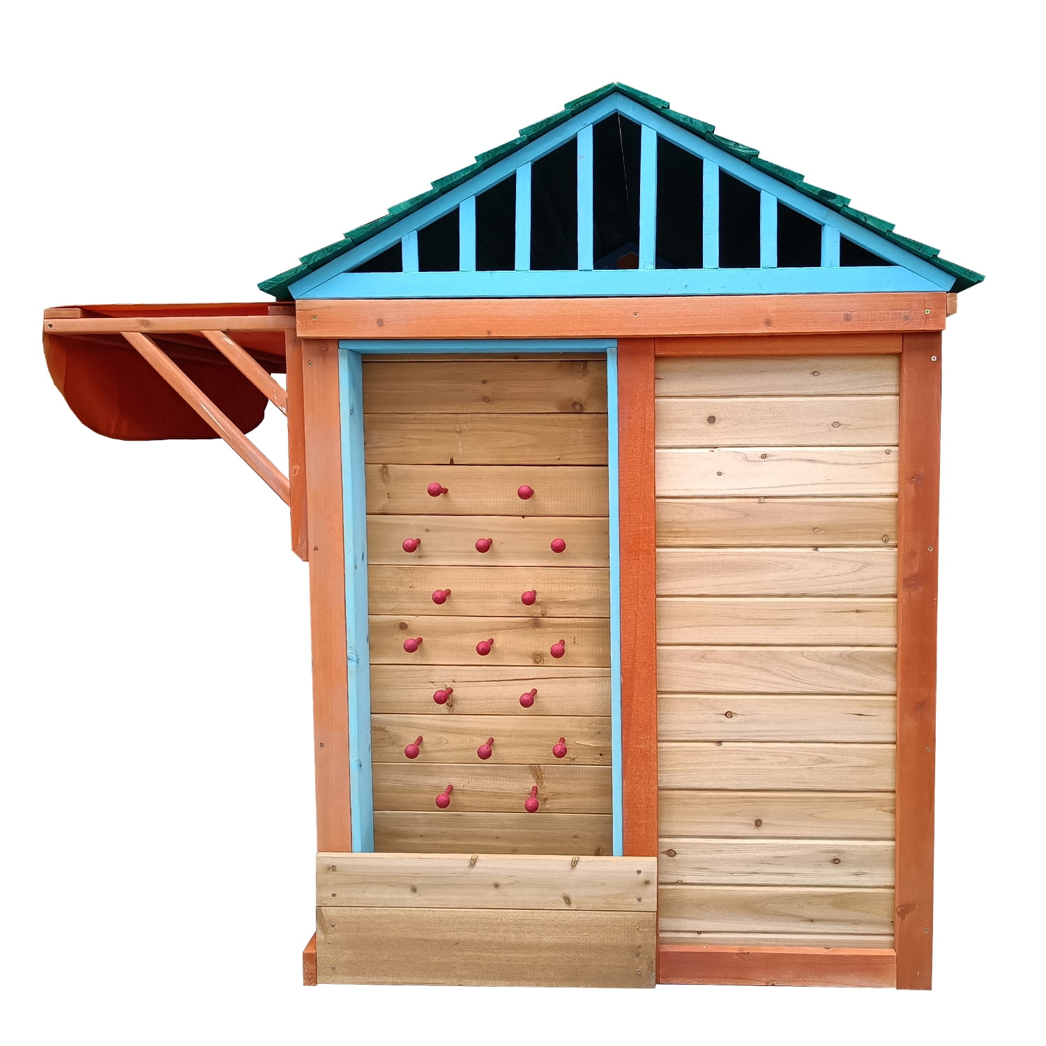 Kadyn 64.17" Outdoor Wooden 4-in-1 Game House, Outdoor Playhouse for kids garden playhouse with different games on every surface, Golden