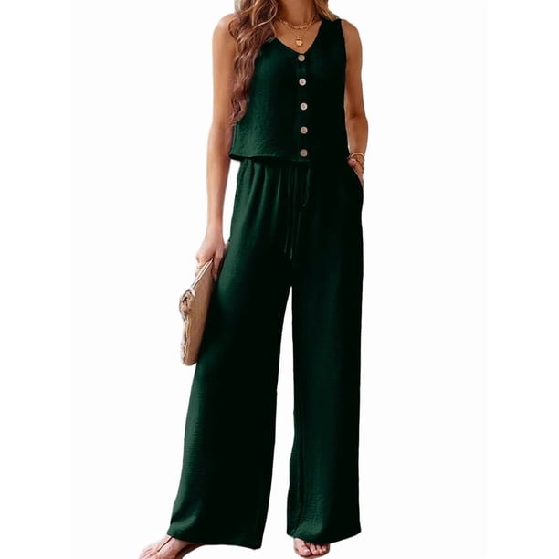 Conjunto de Dos Piezas para Mujer, 2025, Sin Mangas, con Botones, Informal, con Bolsillo y Pantalones Anchos. Verde XL