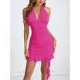 thumbnail image 2 of Women Halter Deep V Neck Ruched Bodycon Dress Summer Mesh Hem Club Party Short Mini Dresses Dragon Fruit Color S, 2 of 8