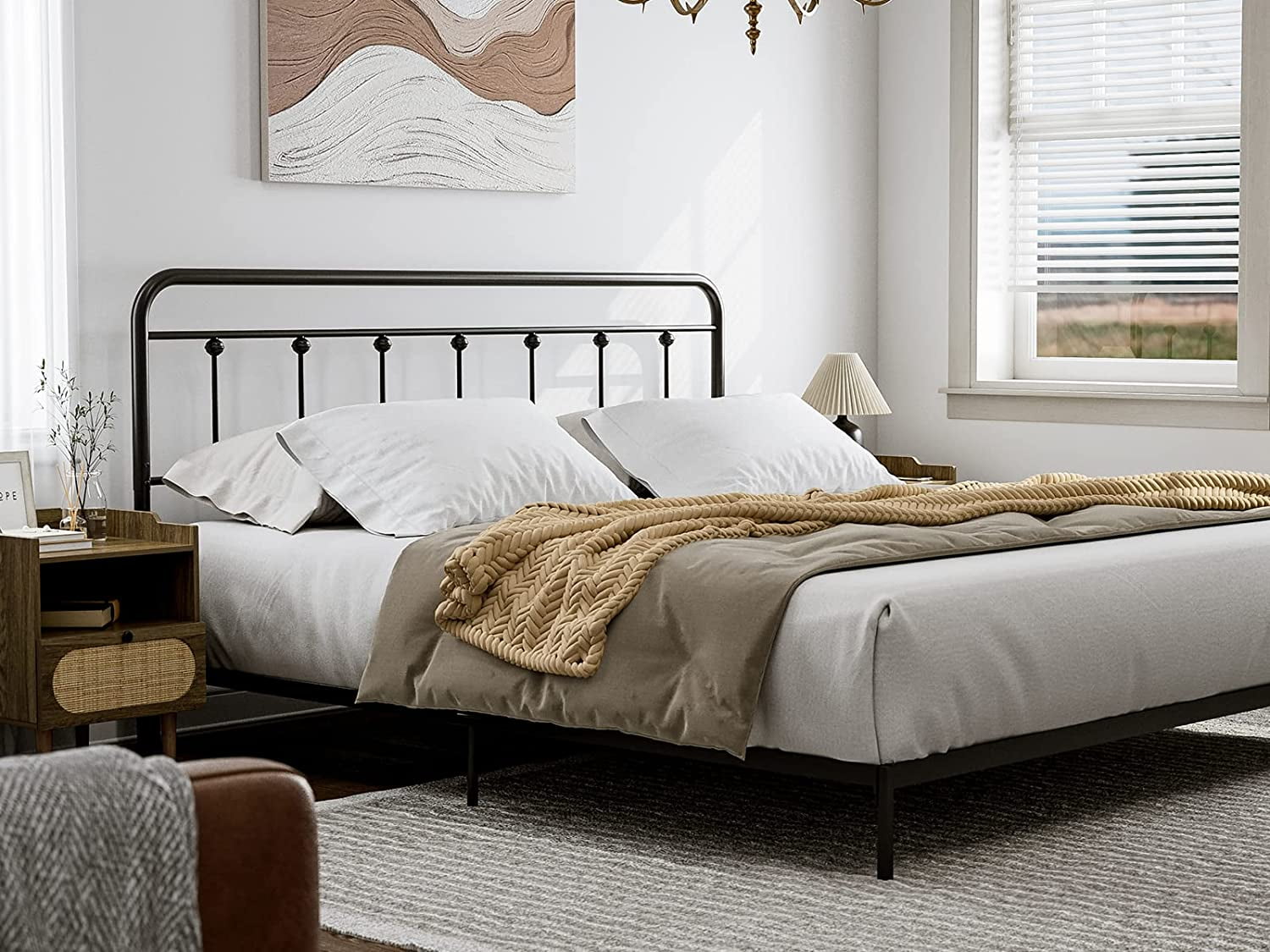 IKIFLY Metal California King Size Headboard, Adjustable Height, Farmhouse Victorian Style, Easy Assembly, Cal King Steel Headboard Only for Bedroom, Black