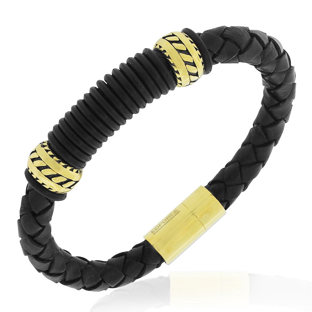 EDFORCE Stainless Steel Black Leather Yellow GoldTone Mens Bracelet