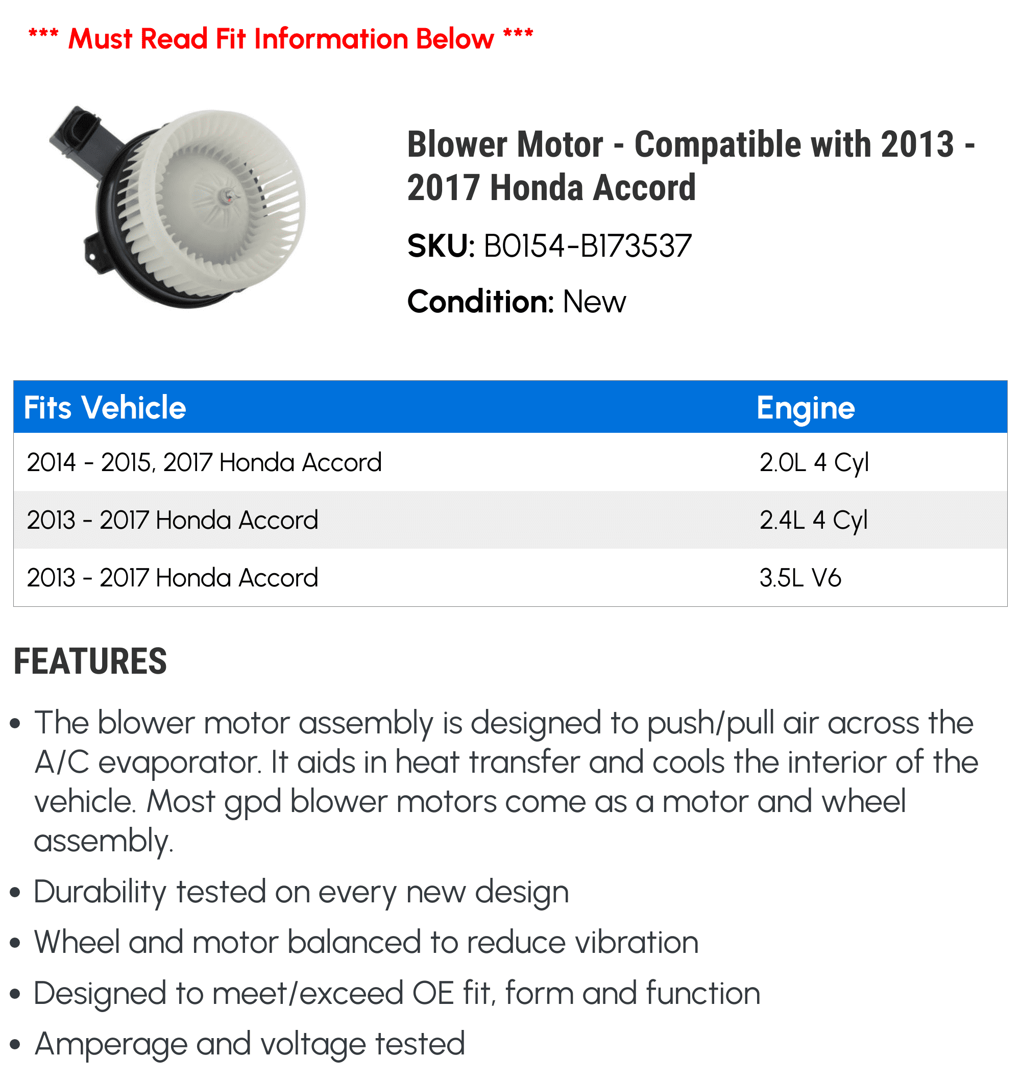 Blower Motor - Compatible with 2013 - 2017 Honda Accord 2014 2015 2016