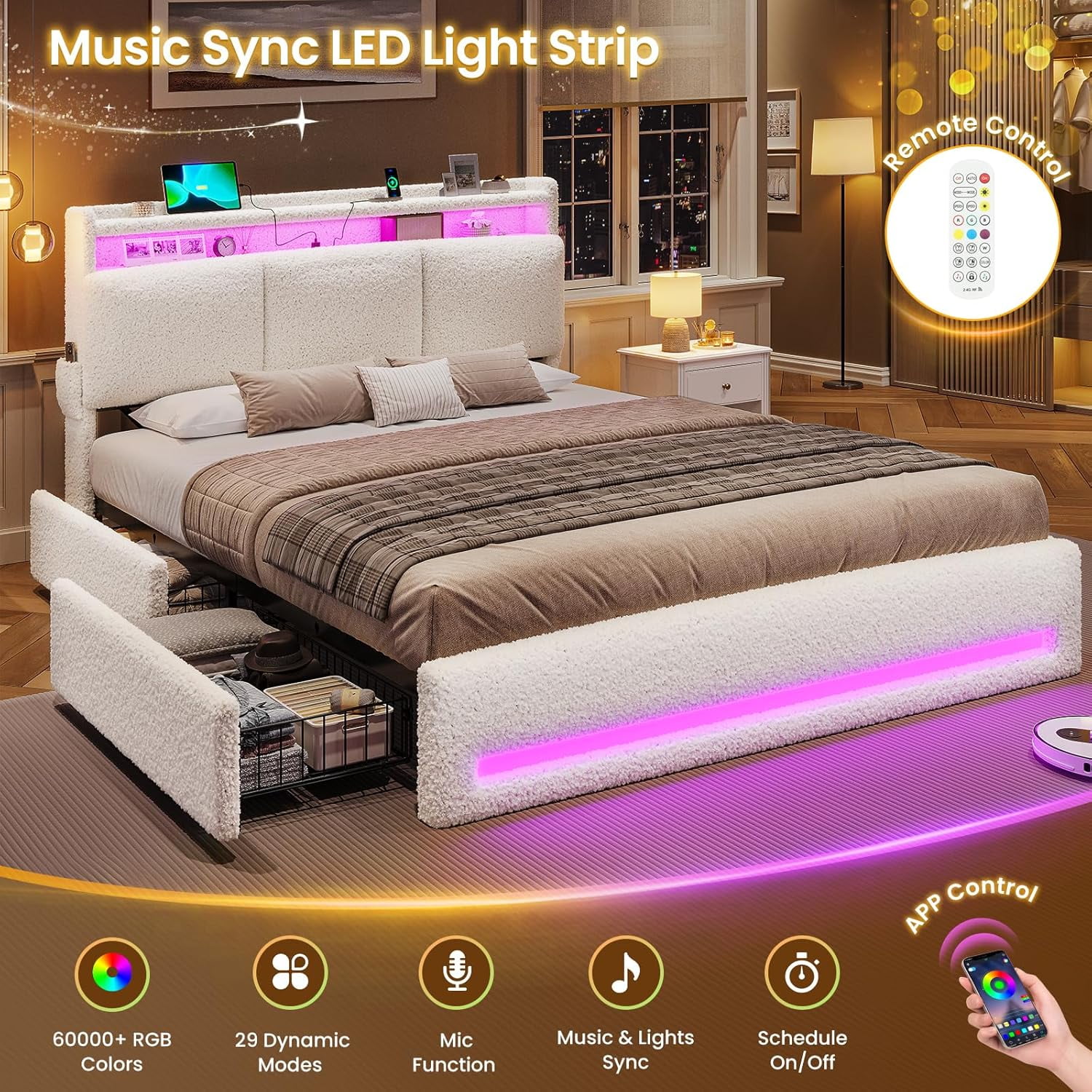 AOGLLATI Boucle Bed Frame Queen Size with Storage Headboard, Charging Station and LED Lights, Upholstered Queen Cloud Bed Frame with 4 Drawers, Soft Marshmallow Bed Frame, No Box Spring Needed, Cream
