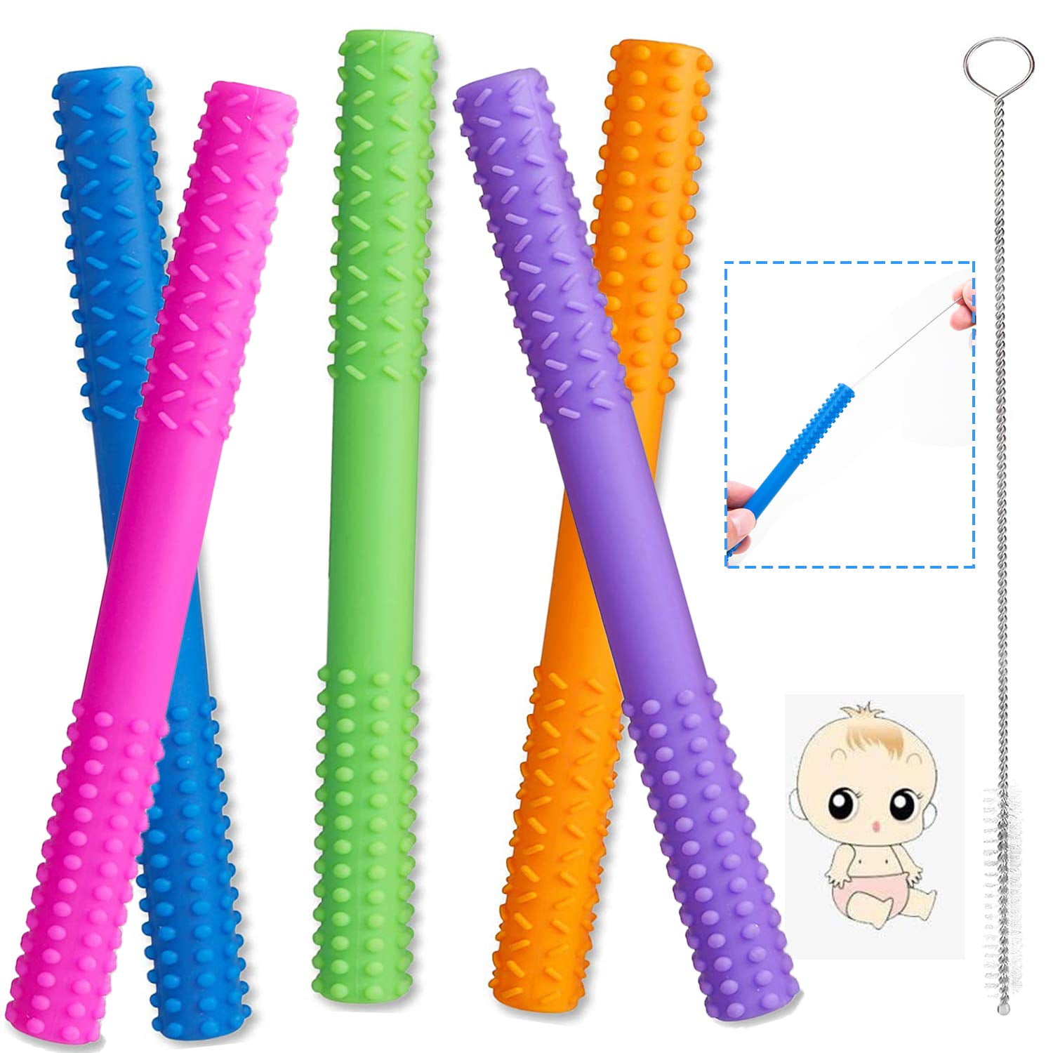 Hollow Teether Tubes, Soft Silicone Teething Tubes, 5 Pack