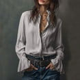 thumbnail image 2 of Women's Dressy Ruffle Blouse Long Sleeve Deep V Neck Zip Smocked Cuff Victorian Shirt Tops, 2 of 8