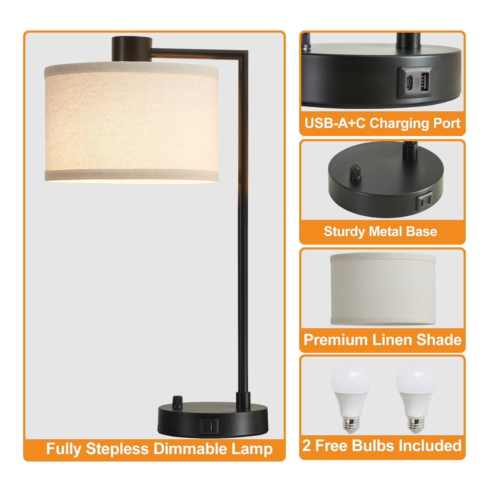NATYSWAN Table Lamp for Bedroom Set of 2 with USB C+A Ports, Fully Stepless Dimmable Bedside Lamp with Linen Lampshade, Contemporary Lamp for Living Room Reading Office, 2 LED Bulbs Included (Black)