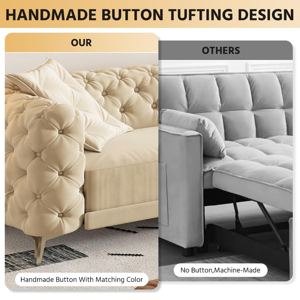 97.7'' Pull Out Sofa Bed King, Chesterfield Velvet Sleeper Sofa, Convertible L-Shaped Futon Couch, Tufted Back, Ottoman, Deep Seat Loveseat Couches for Living Room, Apartment, Honey Beige