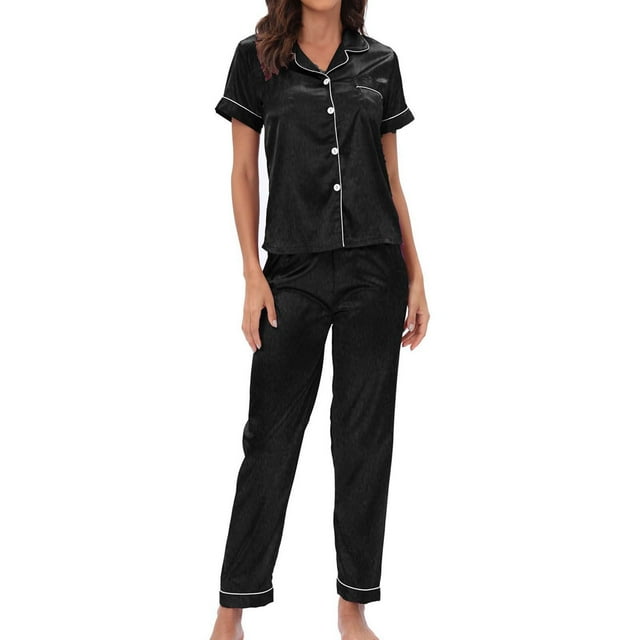 EQWLJWE Womens Satin Pajamas Set Button Down 2 Piece Silk Pjs Set Ruffle Lingerie Notch Collar Satin Sleepwear Clearance
