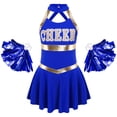 thumbnail image 1 of Haitryli Costume de Pom-Pom Girl pour Filles Sans Manches à Lettres Imprimées Uniforme de Cheerleading Robe Plissée avec Pompons Bleu Royal 16, 1 of 7