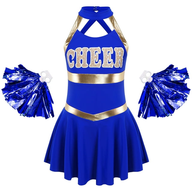 Yanarno Costume de Pom-Pom Girl pour Filles Sans Manches à Lettres Imprimées Uniforme de Cheerleading Robe Plissée avec Pompons Bleu Royal 12
