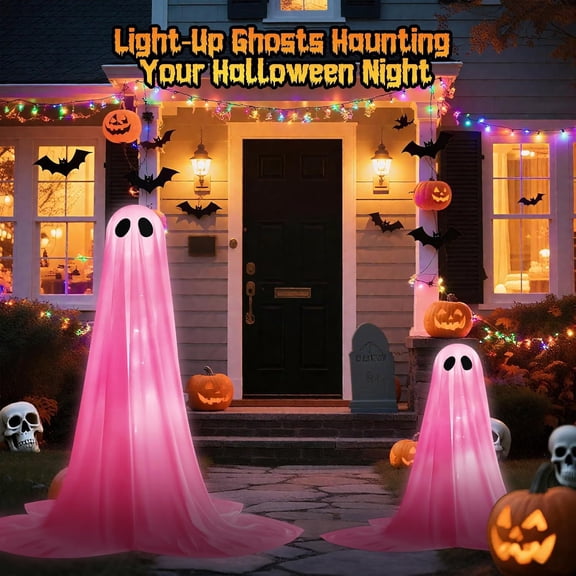 Pink Halloween Decorations, Halloween Ghost Decorations Light Up Pink Ghost Decor for Indoor Outdoor Yard Lawn Porch Halloween Party 2 Piece Set