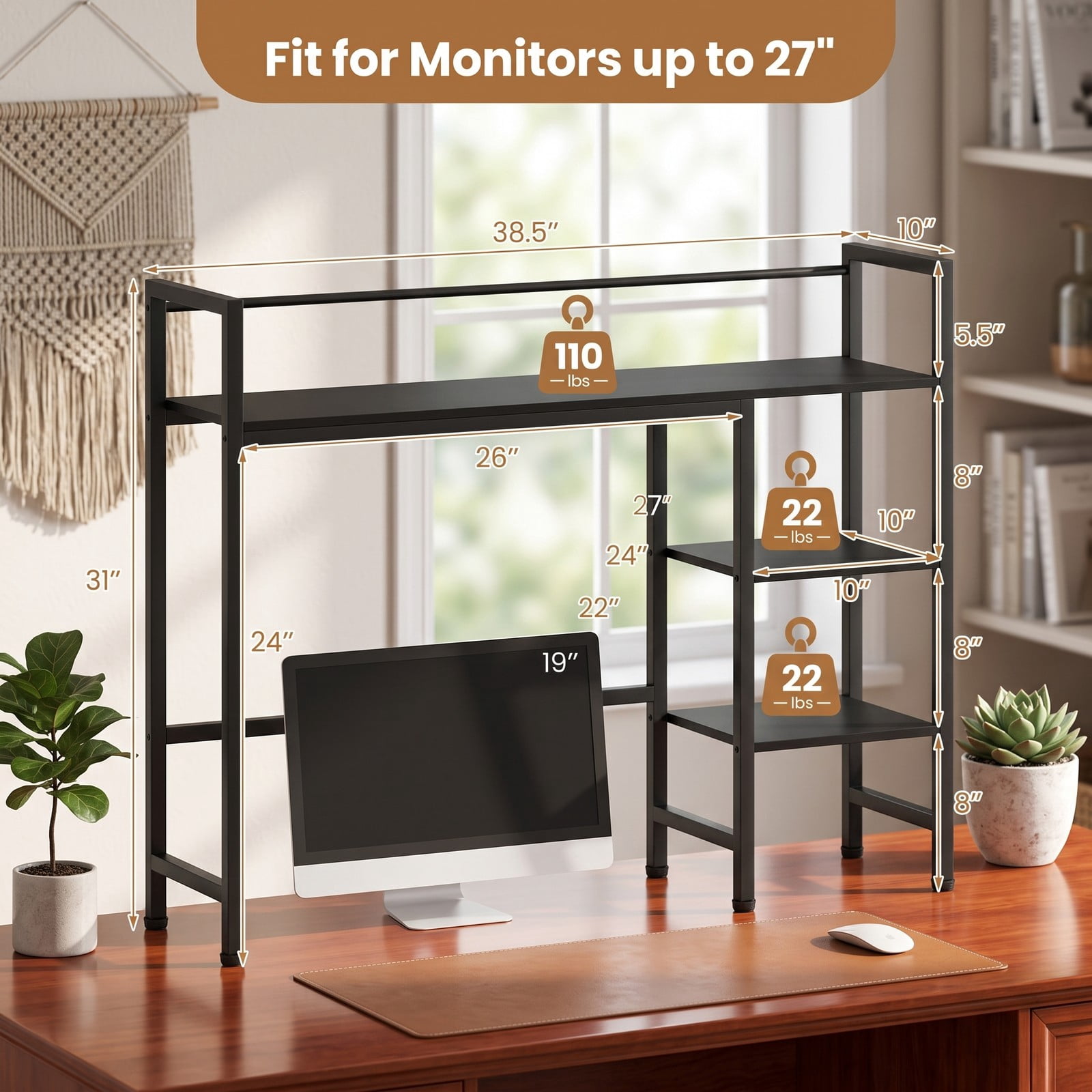 Furnibear Desktop Bookshelf 38.5 Inch Wide Storage Display Rack with Metal Frame, Countertop Bookcase Organizer for Home Office Desk, Living Room and Bedroom, Black