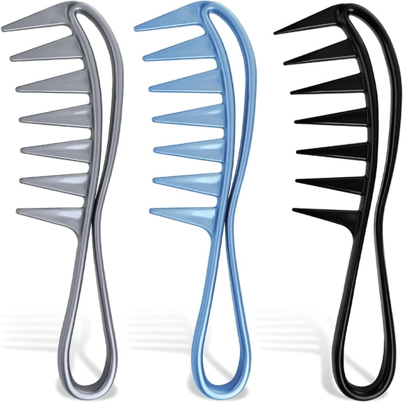 ACDANC 3 Pieces Wide Tooth Comb, Wide Tooth Comb for Curls Comb for Curly Hair Curl Comb Hairstyle Tool Large Tooth Comb for Curly Hair Wet Wavy Thick Hair Wigs Barber Salon (Black, Silver, Blue)