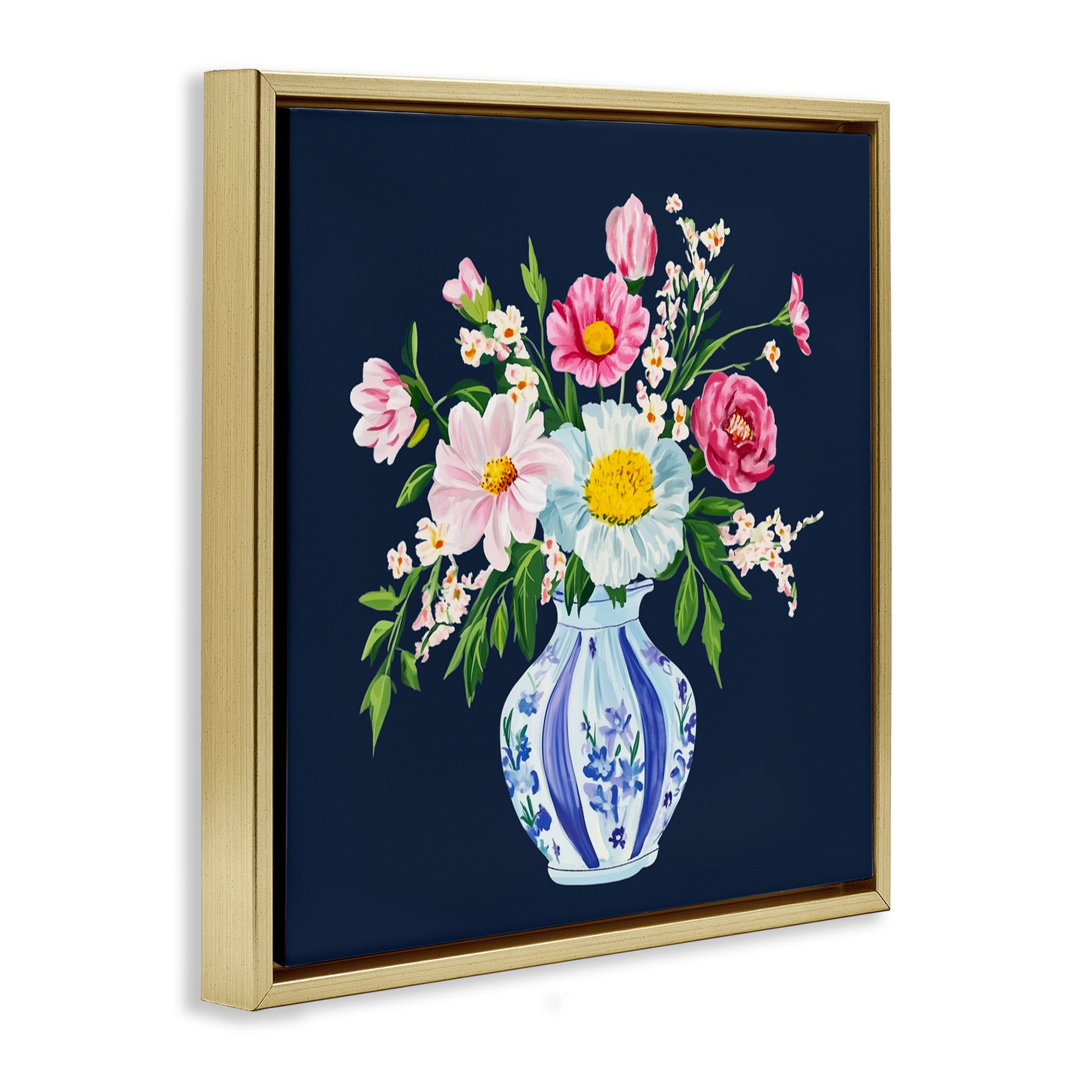 Spring Chinoiserie Vase Gold Framed Floater Canvas Wall Art, design by Yen