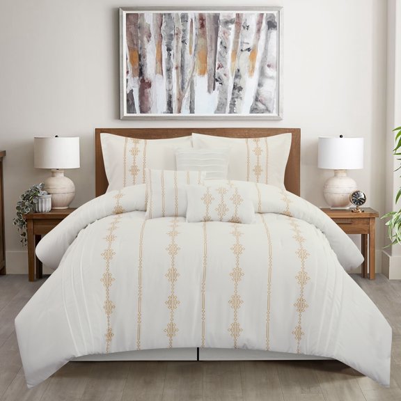 Lanco White Comforter Set King Size , 7 Piece Satin Stitching Embroidery Bedding Set