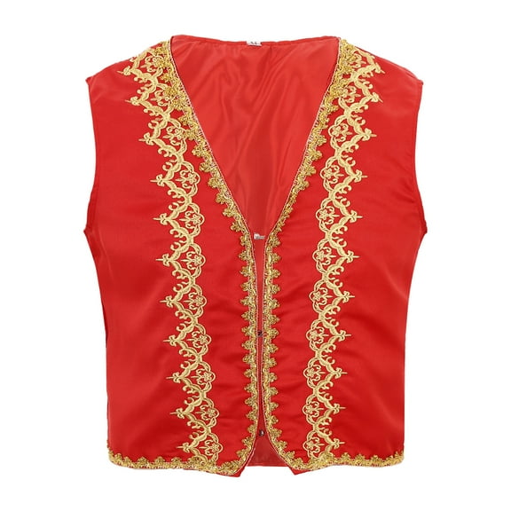 Haitryli Mens Medieval Victorian Sleeveless Vest Gold Trims Figure Gothic Waistcoat Arabian Jacket Red L
