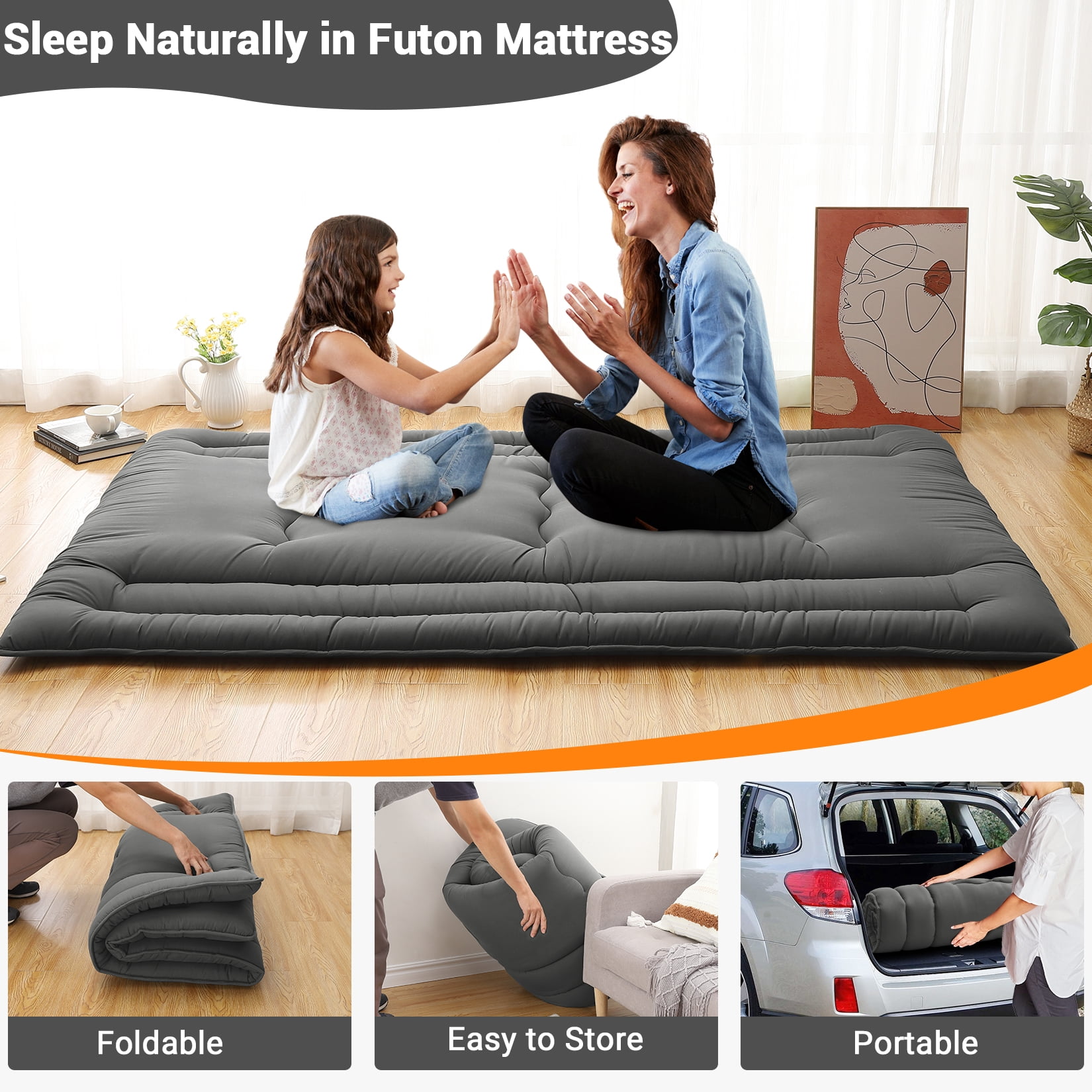 Full Size Foldable Floor Mattress, Japanese-Style Roll-Up Foam Sleeping Mat, Space-Saving Tatami Floor Bed for Living Room or Bedroom, Dark Gray