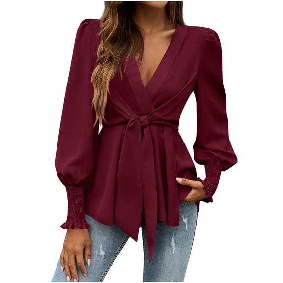 Lenpel Blouses for Women Ruffle Lantern Long Sleeve Cross Deep V Neck Pleated Tie Front Tunic Tops Dressy Casual Shirts(Wine,X-Large)