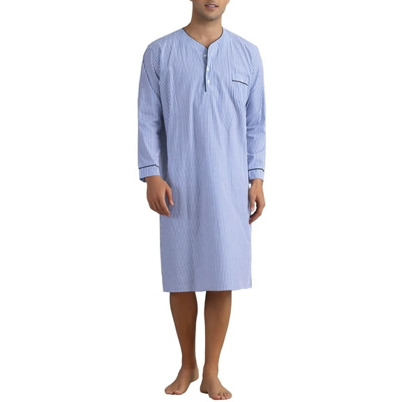 INSPIRE CHIC Men's Sleepshirts Striped Loose Fit V-Neck Sleepwear with Pocket M Blue