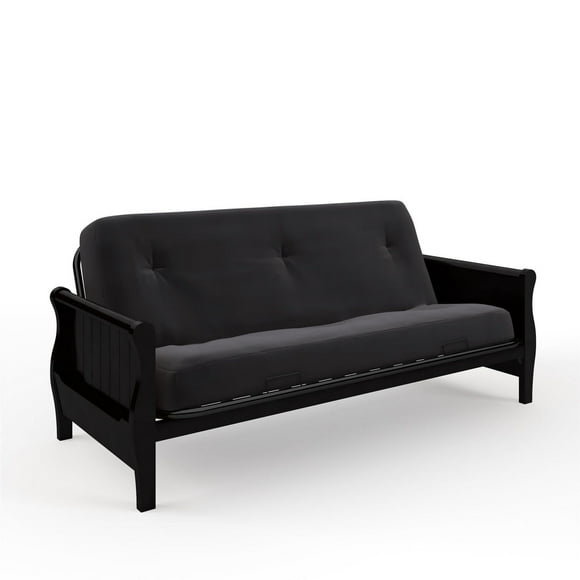 8 Inch Full Poly Futon Mattress with Full Size Espresso Wood Arm Futon Frame, Black