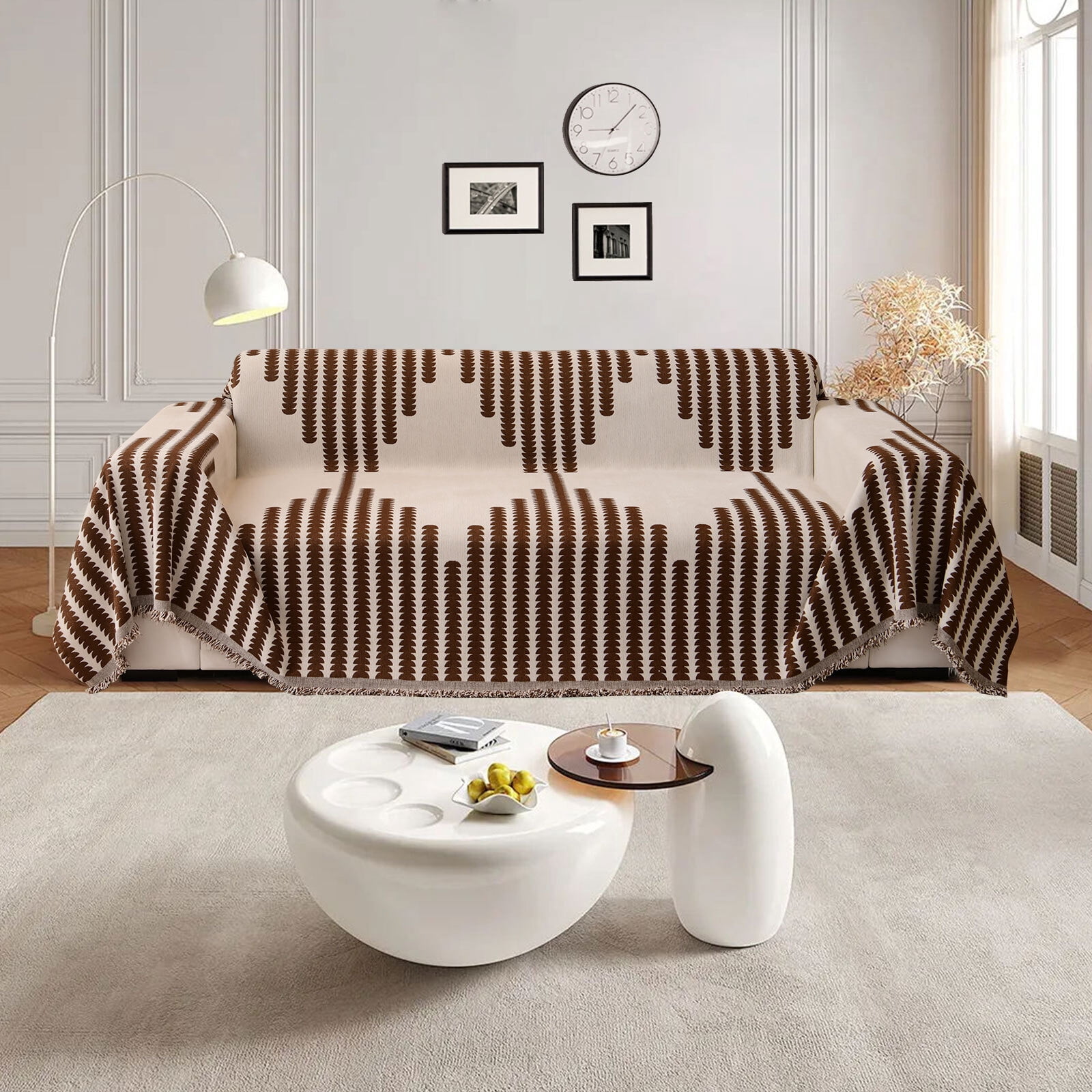 Eurhowing Boho Couch Cover for 2-3 Cushion Couch, Chenille Sofa Cover Blanket with a Pillowcase, Anti-Slip Tassel Sofa Slipcover for Pet, (71'' x 118'', Coffee)