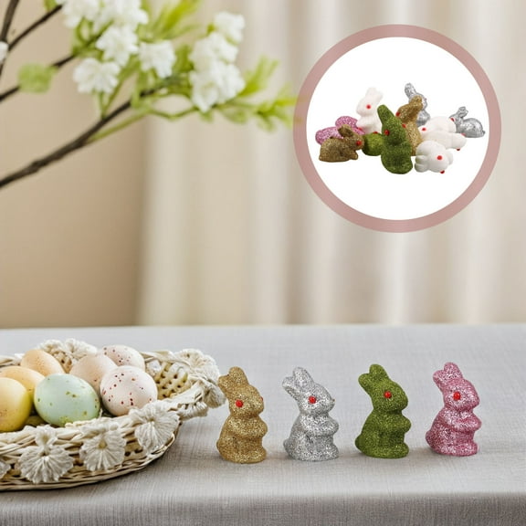 Masteelf 12pcs Easter Rabbit Figurines Easter Bunny Figures Glitter Miniatures Animal Statue Tiny Village Sculpture For Garden Outdoor Cake Topper Dollhouse Birthday Party