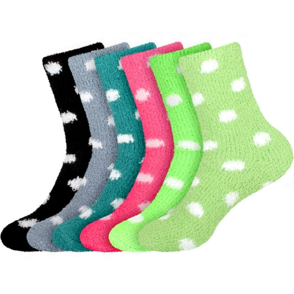 Women's Super Soft Warm Comfy Fuzzy Fluffy Plush Cozy Cute Polka Dots Socks - Assortment D - 6 Pairs