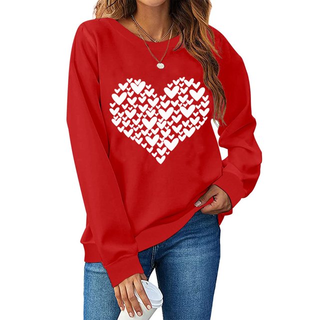 T-shirt de la Saint-Valentin pour Femmes 2024, Chandails à Col Rond, T-Shirts Décontractés avec Cœur, T-Shirts Graphiques Amples à Manches Longues, Chandails à Enfiler, Hauts Mode pour les Fêtes, T-Shirt