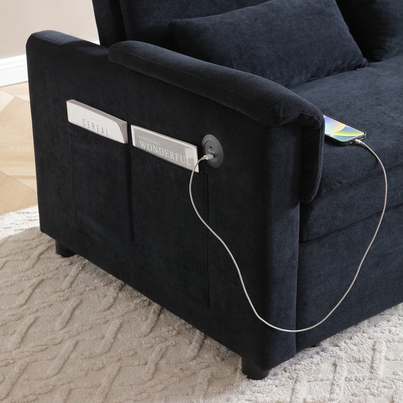 3-in-1 Convertible Velvet Pull Out Sofa Bed, Loveseat Chaise Sleeper Sofa with Adjustable Backrest, USB Ports & Side Pockets
