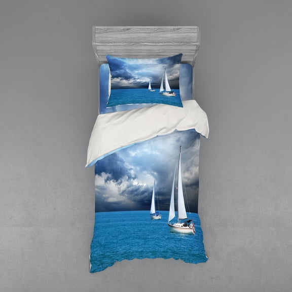 Ambesonne Blue Bedding Set 3 Pcs, Sailing After Storm Clouds, Twin XL, Blue Grey Blue White