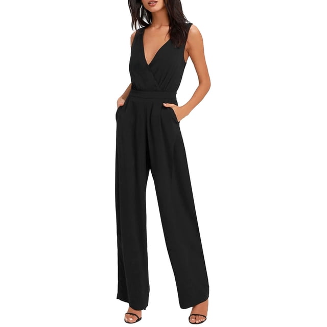 HBFAGFB Jumpsuits for Women Sleeveless V Neck Lace Elegant Formal Rompers with Pockets Black Size M