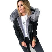 Daomumen Winter Fashion Women Fur Hooded Denim Coat Warm Jacket