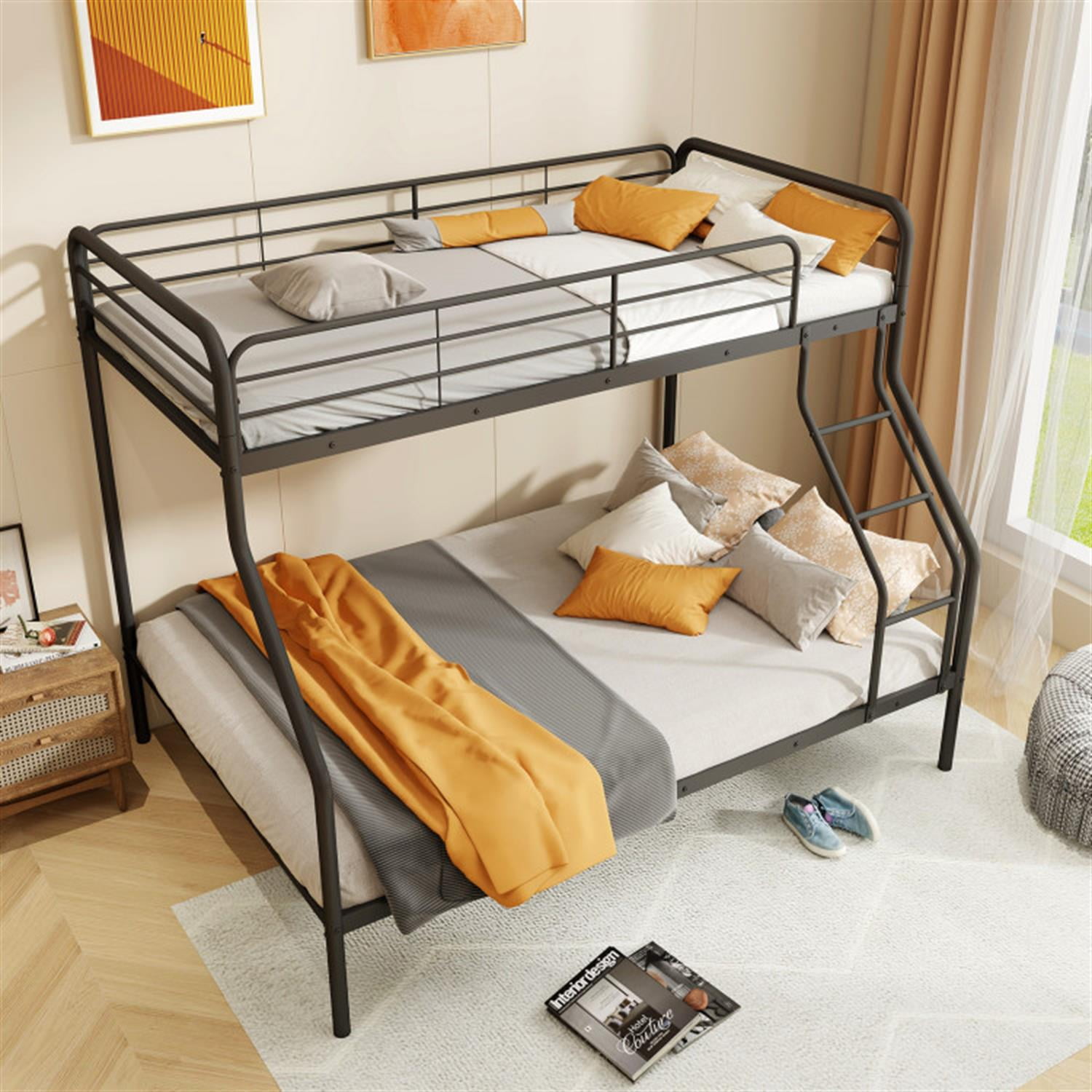 Demi Bonn Twin Over Full Bunk Bed with Ladder and Full-length Guardrails, Metal Bunkbeds for Bedroom, No Box Spring Needed, Black