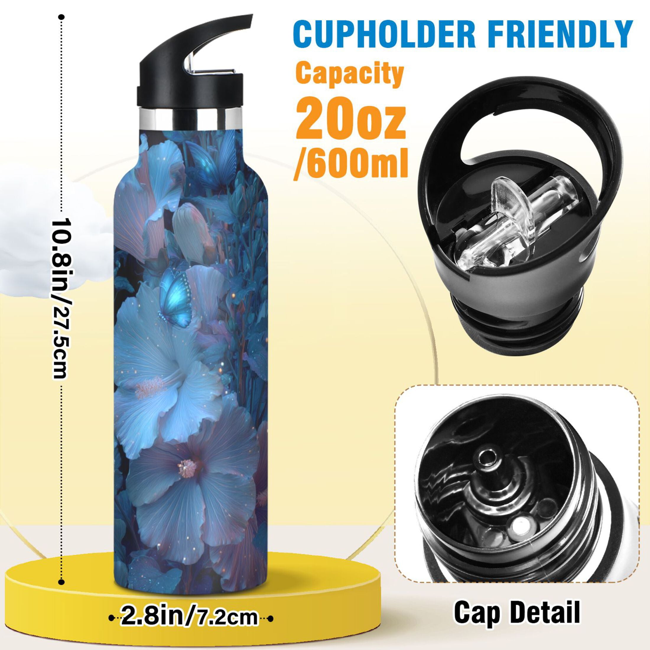600ML Stainless Steel Insulated Cup Sports Water Bottle Portable Thermos Cup Water Glasses Insulated Tumblers Convenient and Durable Flowers and Butterflies