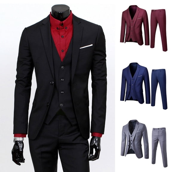 Joernso 3Pcs/Set Men Suit Set Slim Fit Formal Prom Wedding Tuxedo Suit Jacket Vest Pants Set Solid Color Business Outfit