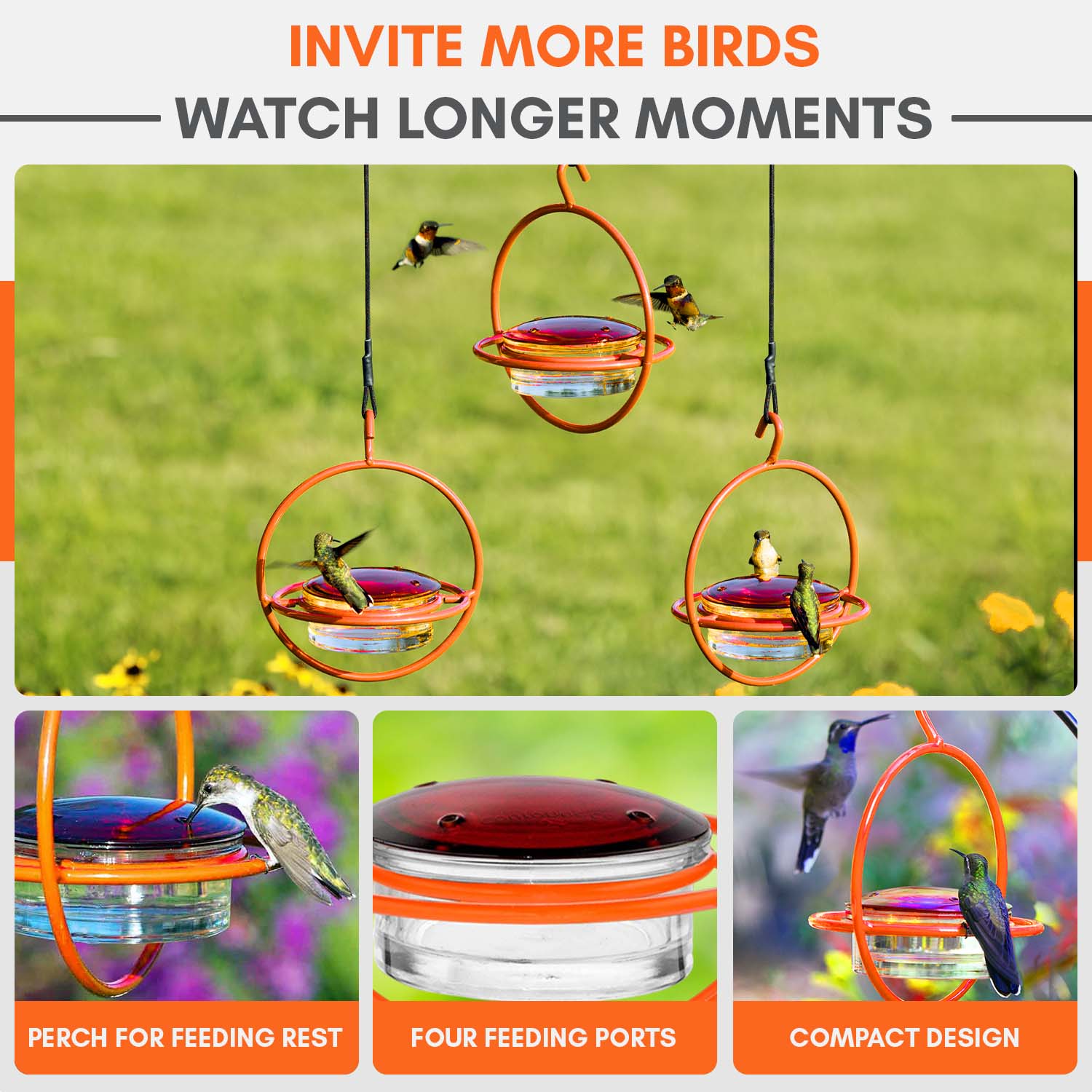Mosaic Birds Recycled Glass and Metal Hummingbird Feeder for Outdoors - Hanging Bird Decor for Gardens - Orange