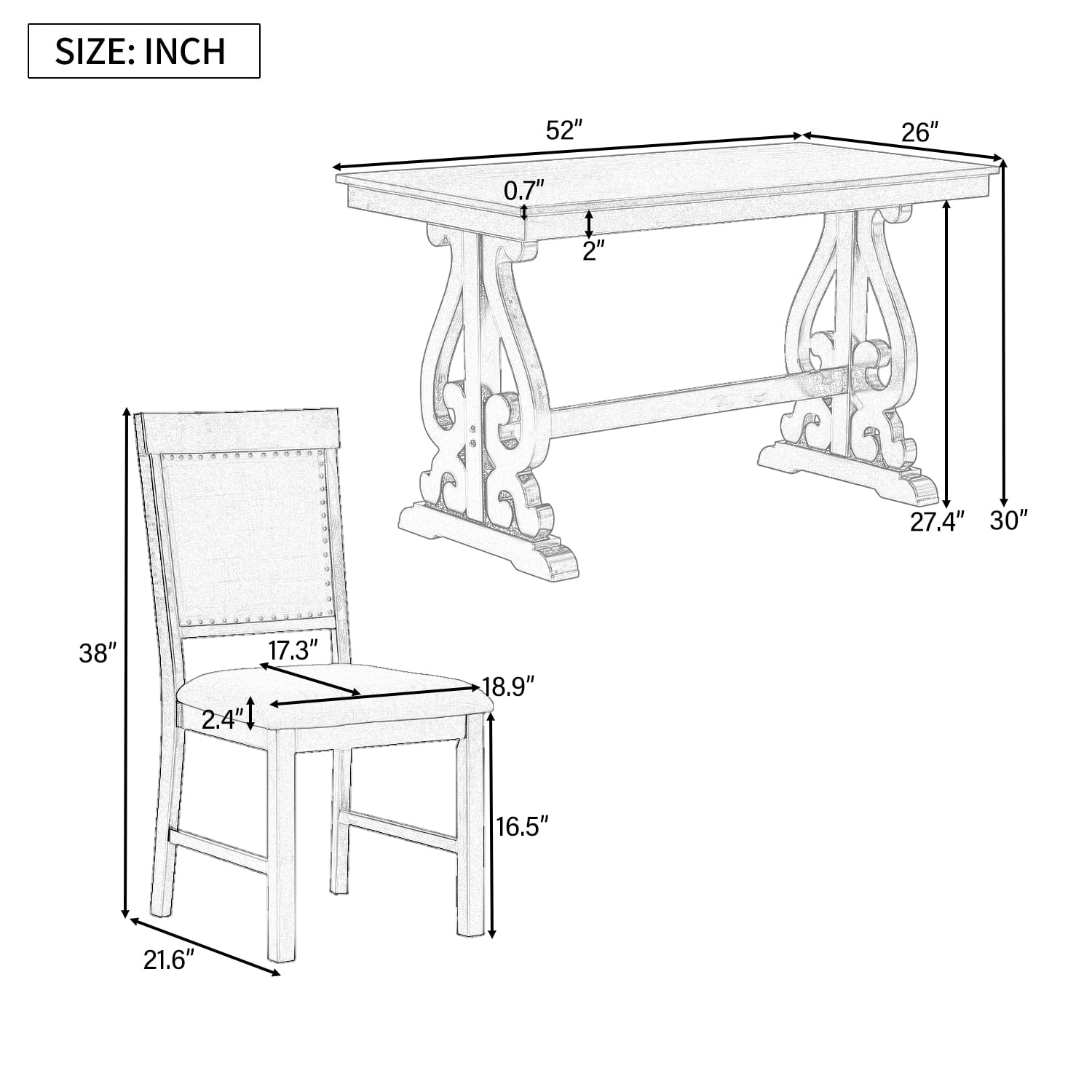 EUROCO 52" 5PCS Retro Dining Set, Dining Table Set for 4 with 4 Upholstered Chairs and Solid wood Table Leg,Rectangular Kitchen Table set for 4