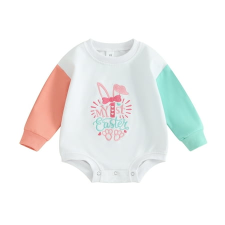

Bagilaanoe Newborn Baby Girl Easter Romper Sweatshirt Long Sleeve Bodysuits Letter Embroidery Pullover 3M 6M 12M 18M 24M Infant Casual Tee Tops