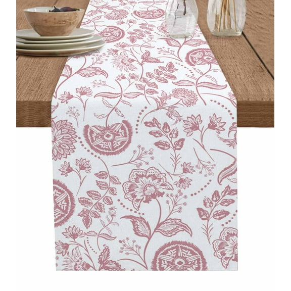 Boho Pink Floral Table Runner 72 Inches, Vintage Farmhouse Paisley Plant Leaf Bed Runner Dresser Scarves Tabletop for Indoor Outdoor Parties/Ceremony/Banquet, 13" x 72"