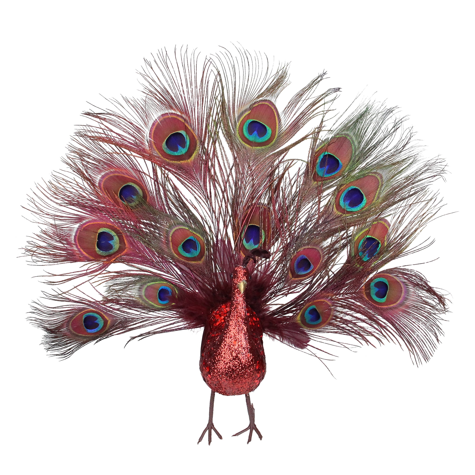 20" Red and Blue Glittered Open Tail Peacock Christmas Ornament