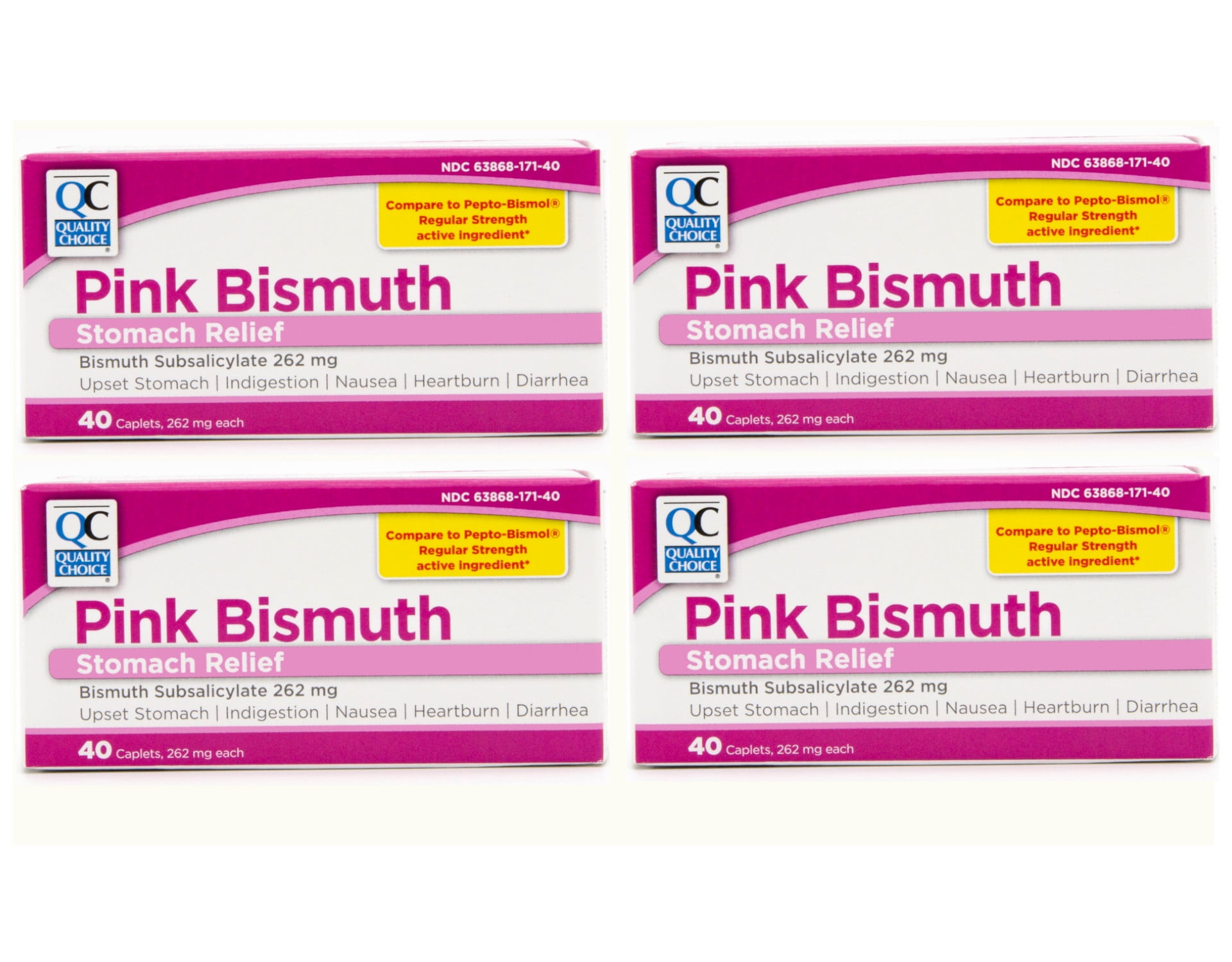 4 Pack Quality Choice Pink Bismuth Caplets 40 Count Each
