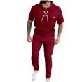 thumbnail image 1 of Conjunto Corto de Hombres 2 Piezas Trajes de Moda Color Sólido Manga Corta Turndown Collar Conjunto, Traje de Ocio con Cordón de Bolsillo, 1 of 4