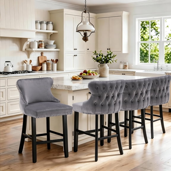 Bar Stool Set of 4, 26" Counter Height Bar Stools with Back, LEGAHOME Velvet Upholstered Gray Bar Stool with Button Tufted & Wooden Legs, Bar Stools Chair for 35-39" Kitchen Island Counter