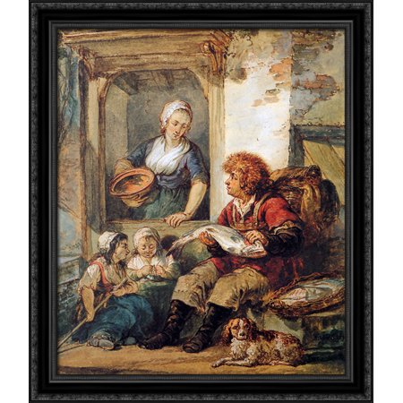 UPC 607083000035 product image for Fish salesman at woman and chidren 28x34 Large Black Ornate Wood Framed Canvas A | upcitemdb.com