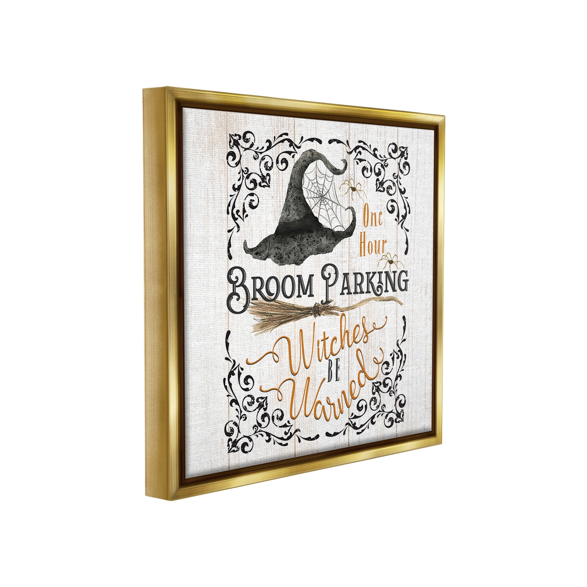 Stupell Industries Rustic Broom Parking Holiday Painting Gold Floater Framed Canvas Art Print Wall Art, 25 x 25