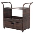 thumbnail image 3 of Hassch Farmhouse Beverage Serving Liquor Cart with Wheels, Outdoor Patio Wicker Rattan Rolling Wine Cart with Glass Top, Shelf and Drawer, Storage Drink Bar Cart for Home Living Dining Room, Brown, 3 of 10