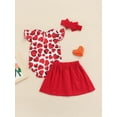 thumbnail image 4 of Honganda Baby Little Girl Three Piece Set, Heart Pattern Printed Fly Sleeve Romper Elastic Solid Color Skirt Bow Headband, 4 of 8